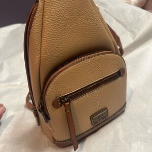 Tan and Brown Minimalist Backpack with Pebbled Texture